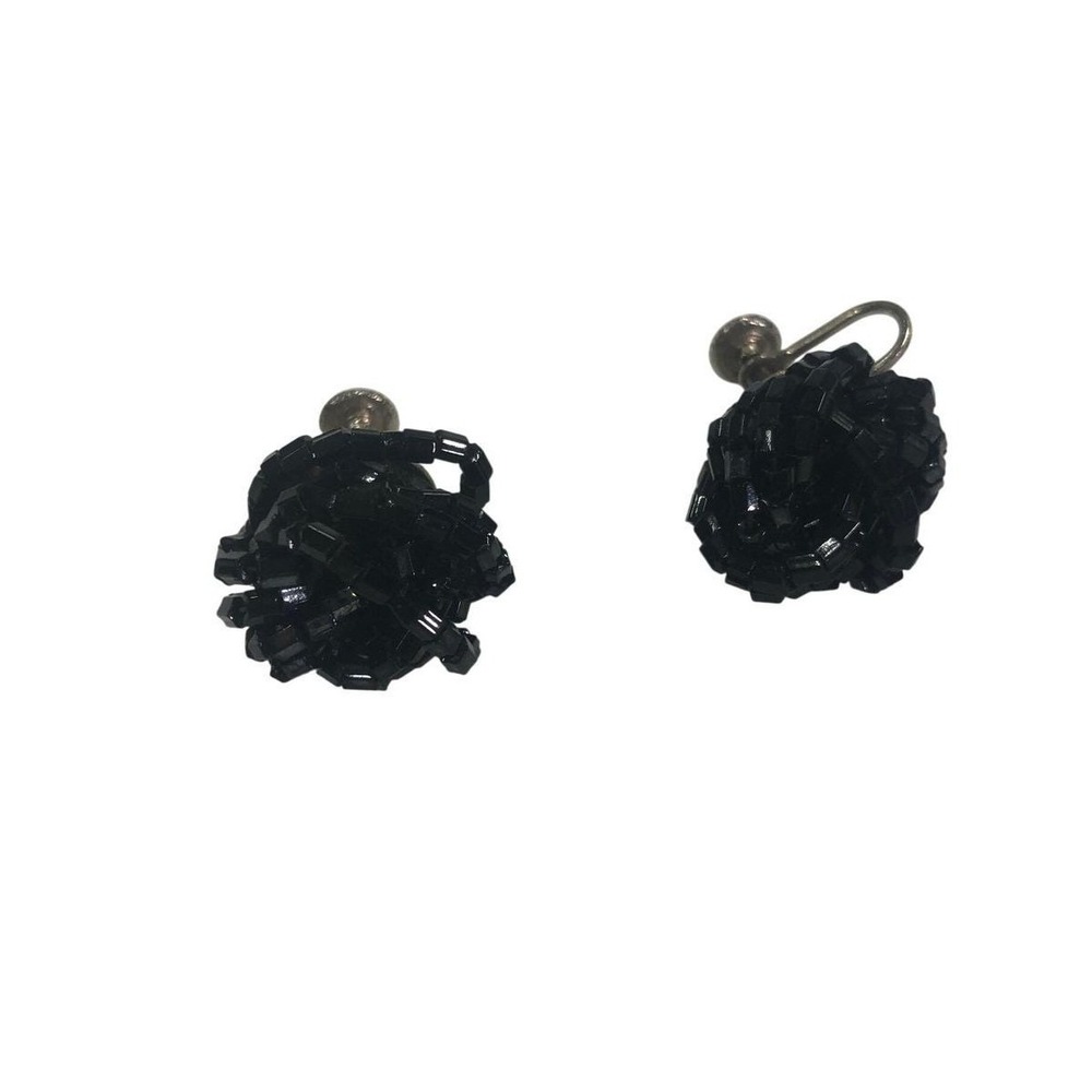 Vintage Black Beaded Cluster Screw Back Earrings